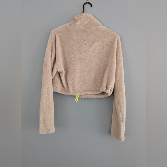 Urban Outfitters XS Beige Cropped Sherpa Fleece Pullover Half Zip Neon Detail - Picture 1 of 7